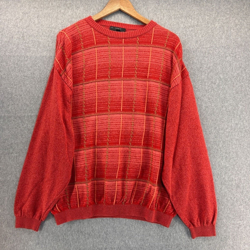 St. Croix Trend Mens XL Red Multi-Color Grid Sweater 3D Knit USA Cotton Grandpa